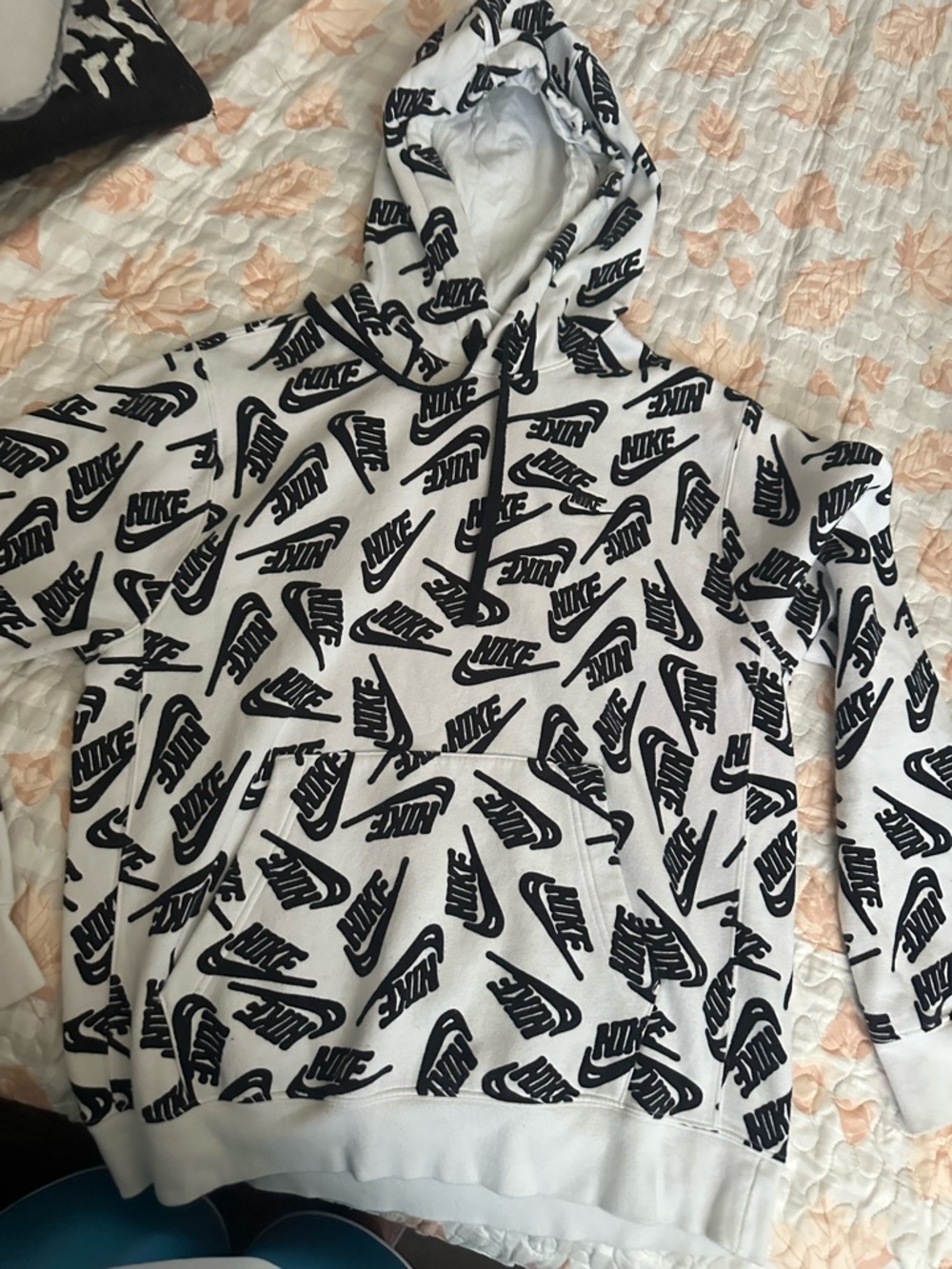 Nike White Hoodie with Black All-Over Swoosh Print